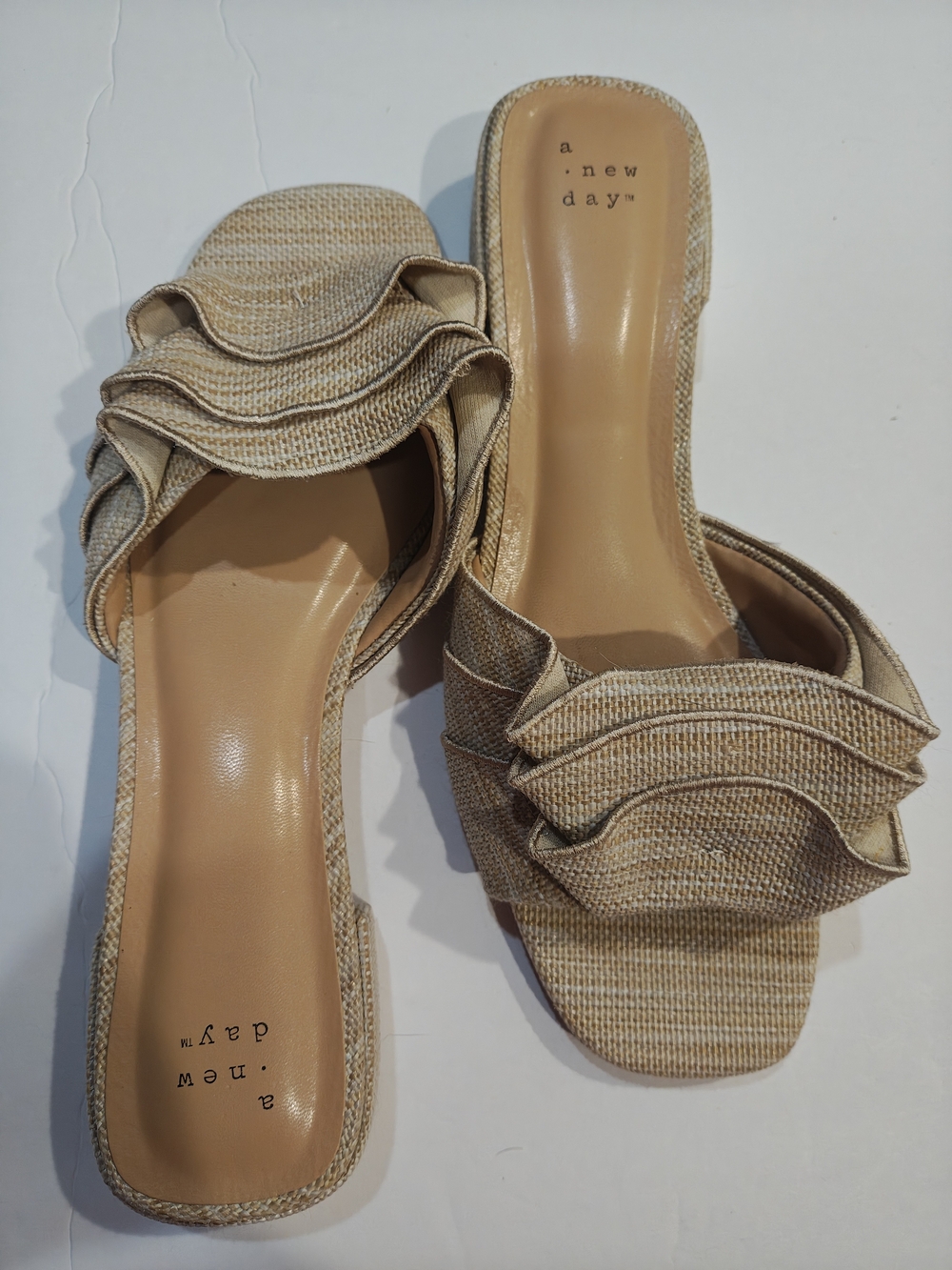 a new day Beige Woven Ruffle Slide Mules